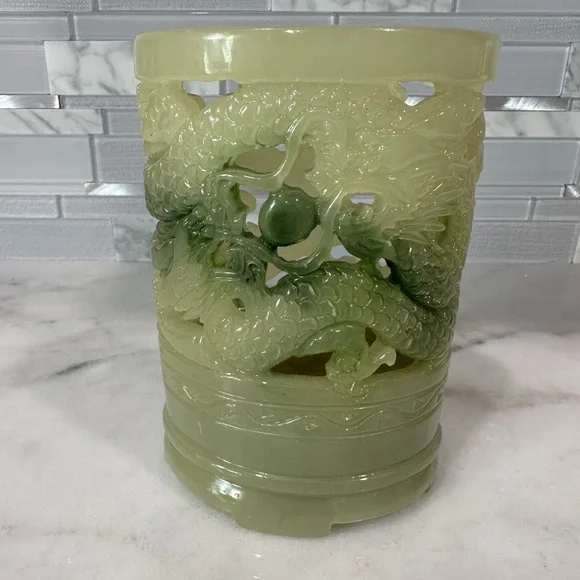 Chinese Carved Imitation Jadeite Candle / Pen Holder – Dragon Motif - Picture 1 of 9